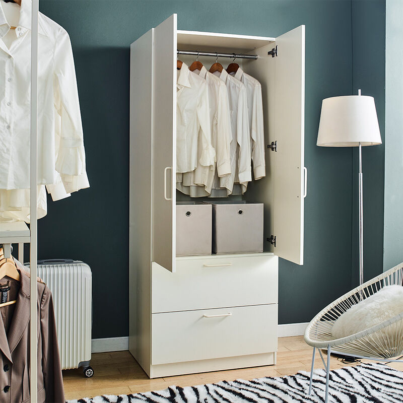 FC Design Klair Living Two-Door Wood Closet with Two Drawers and Hanging Bars in White