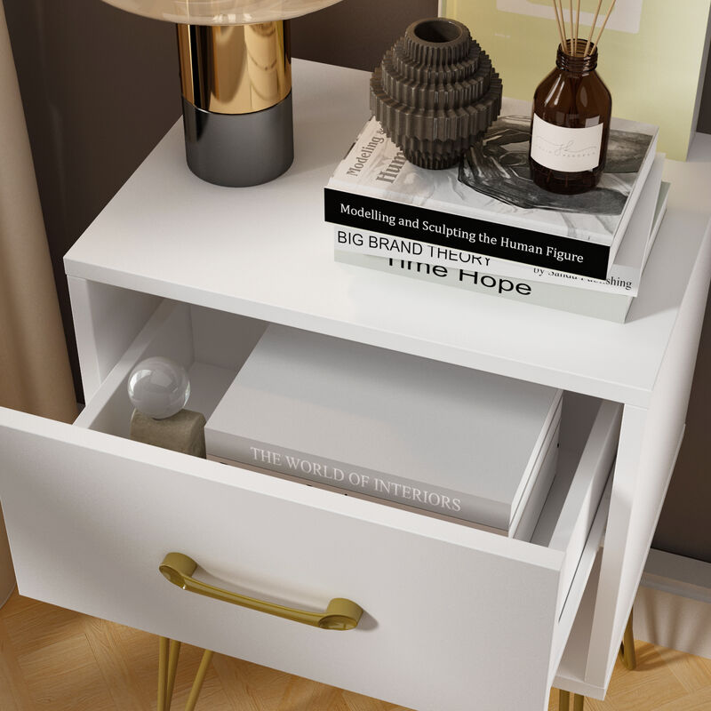 1-Drawer White Nightstands with Metal Legs and Open Shelf Side Table Bed Side Table 23.6 in. H x 15.7 in. W x 11.8 in. D