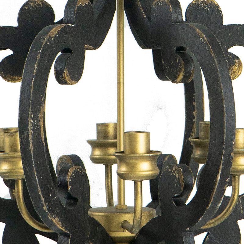 Aki 21 Inch Carved Wood Chandelier, 6 Lights, Vintage Classic, Black, Gold-Benzara