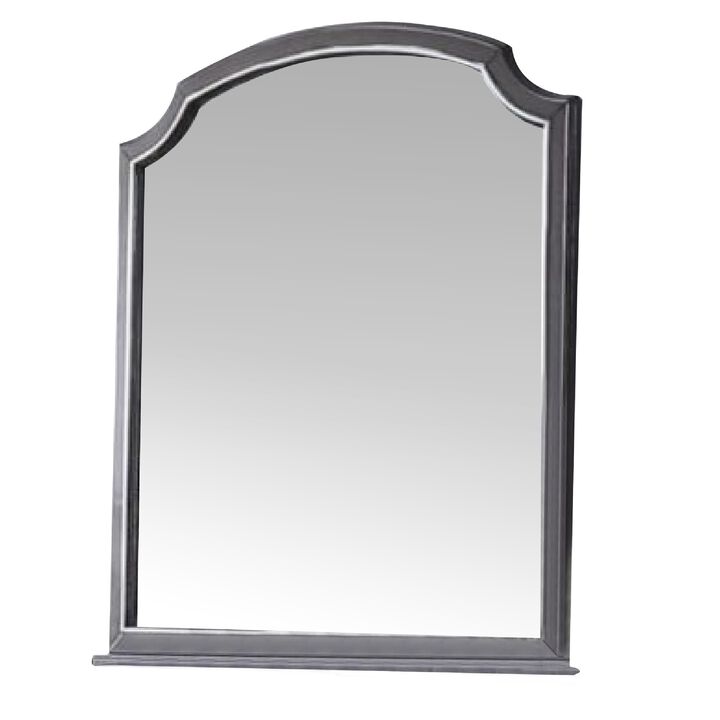 39 Inch Wood Mirror, Scooped Corners, Silver Trim, Charcoal Gray-Benzara