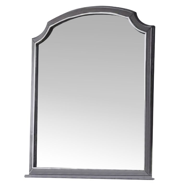 39 Inch Wood Mirror, Scooped Corners, Silver Trim, Charcoal Gray-Benzara