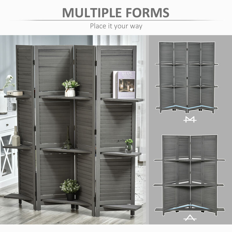 Wood Mobile Folding Privacy Screen Partition Wall Room Divider w/ Shelves Grey