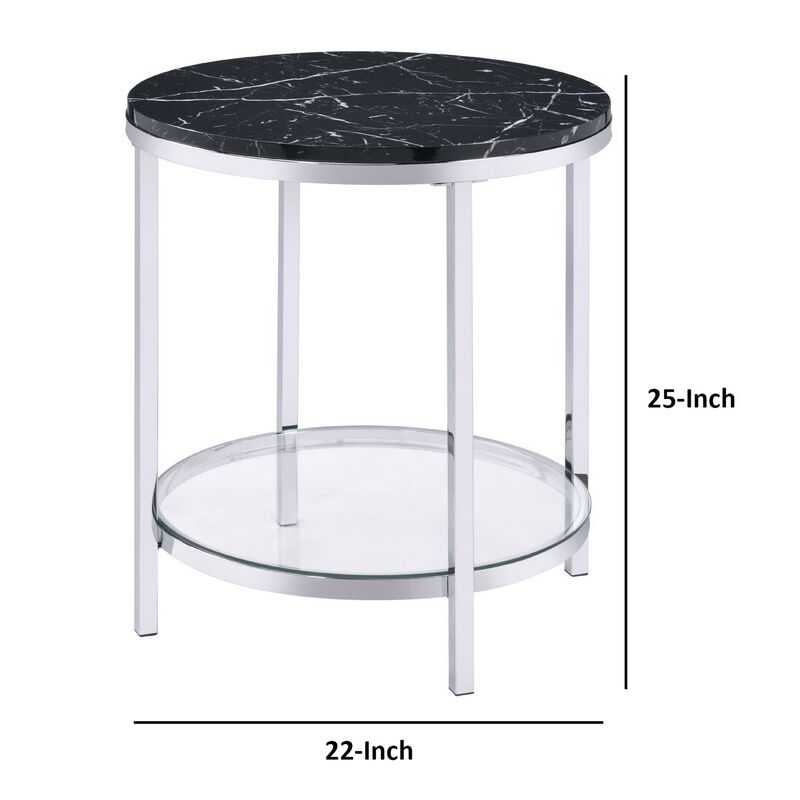 End Table with Round Faux Marble Top and Glass Shelf, Black-Benzara