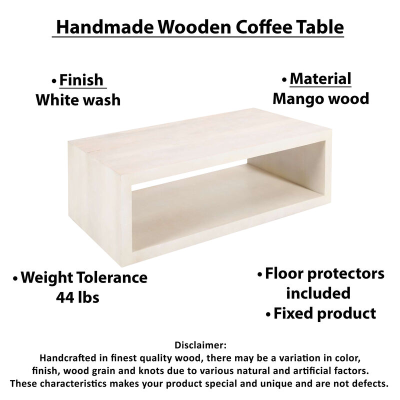 Keli Coffee Table, 58 Inch Minimalist Open Frame, Rustic Washed White Mango Wood