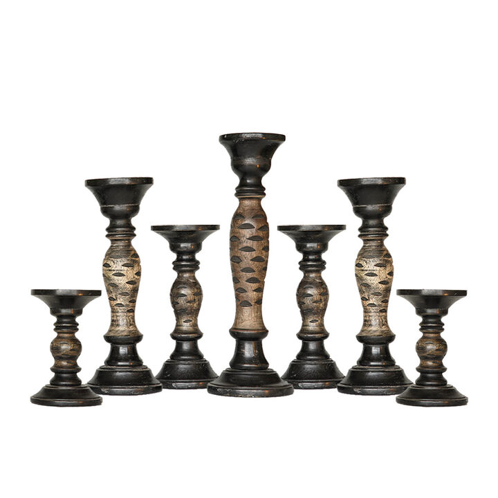 Traditional Dark Polish Eco-friendly Handmade Mango Wood Set Of Seven 6",9",12",15",12",9" & 6" Pillar Candle Holder BBH Homes