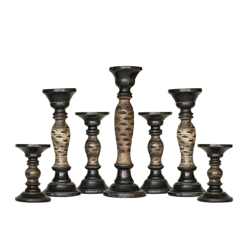 Traditional Dark Polish Eco-friendly Handmade Mango Wood Set Of Seven 6",9",12",15",12",9" & 6" Pillar Candle Holder BBH Homes