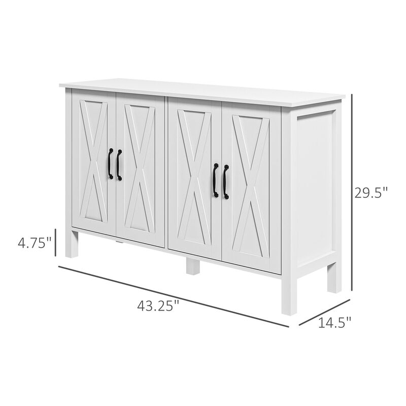 White Buffet Cabinet: 4 Barn Doors, Adjustable Shelves