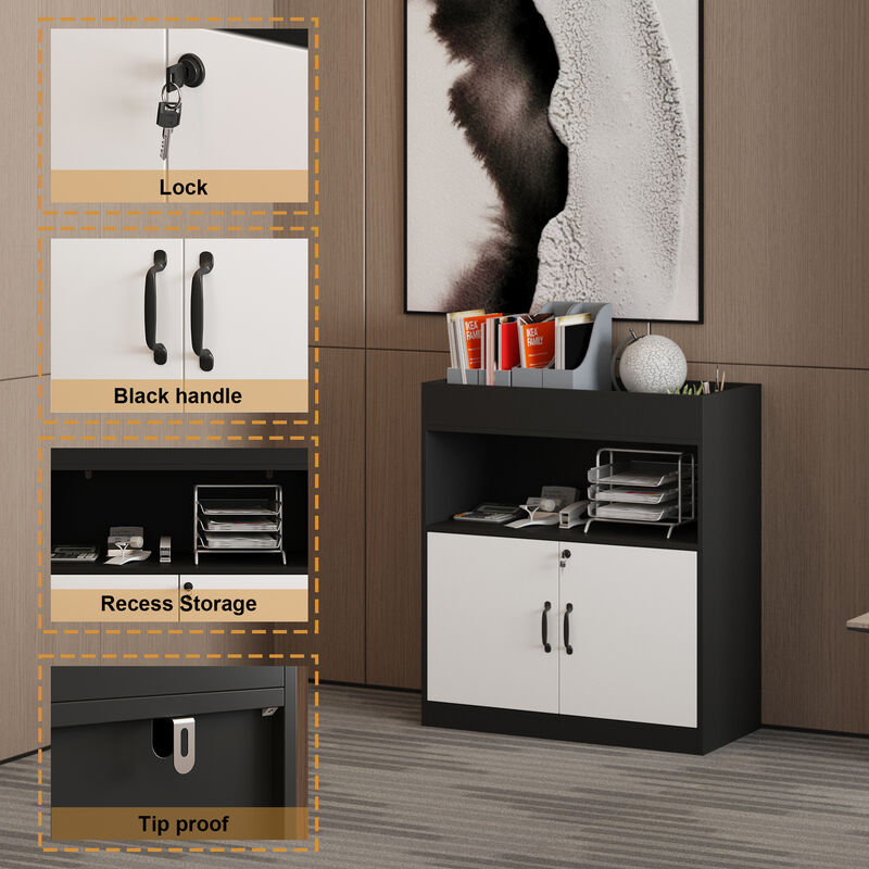 FUFU&GAGA Black & White Bookshelf with 2 Doors, 1 Open Shelf, and 1 Rack, Particle Board Construction with Laminate Finish (31.5" W x 35.4" H x 15.7" D),White