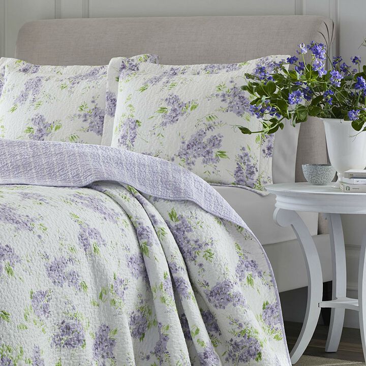 Hivvago Full / Queen size 3-Piece Cotton Quilt Set with White Purple Floral Pattern