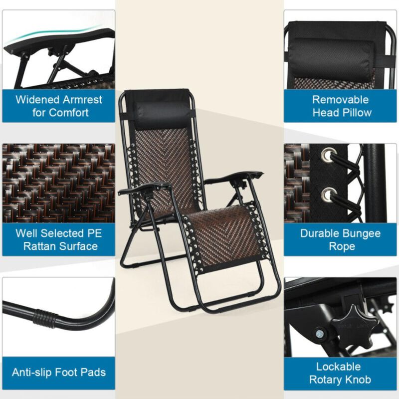 Hivvago Folding Rattan Zero Gravity Lounge Chair with Removable Head Pillow