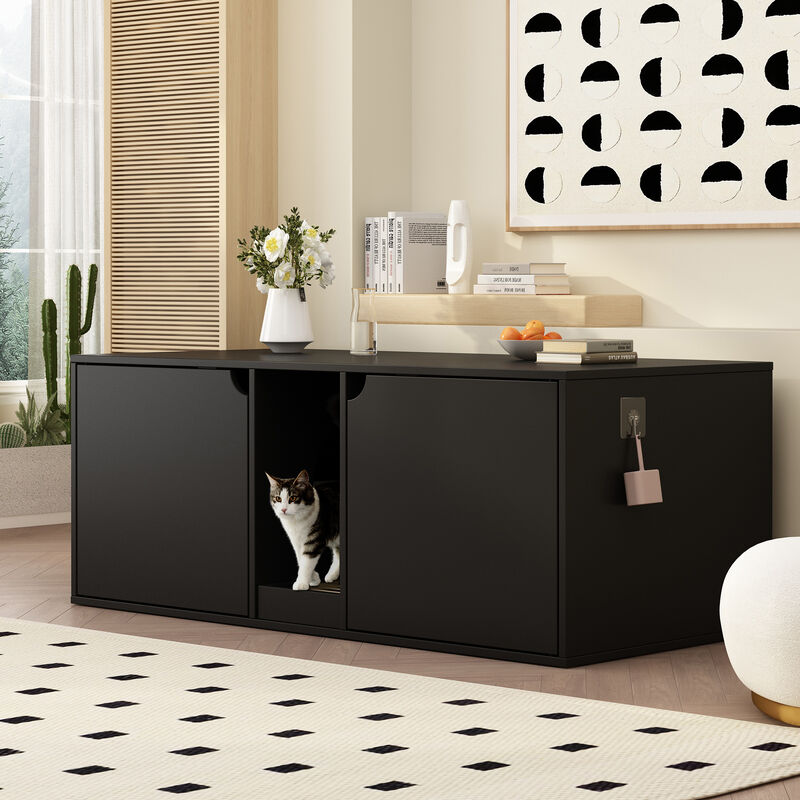 Cat Litter Box Enclosure for 2 Cats, Wood Stackable Cat Washroom Storage Bench End Table Furniture, Black