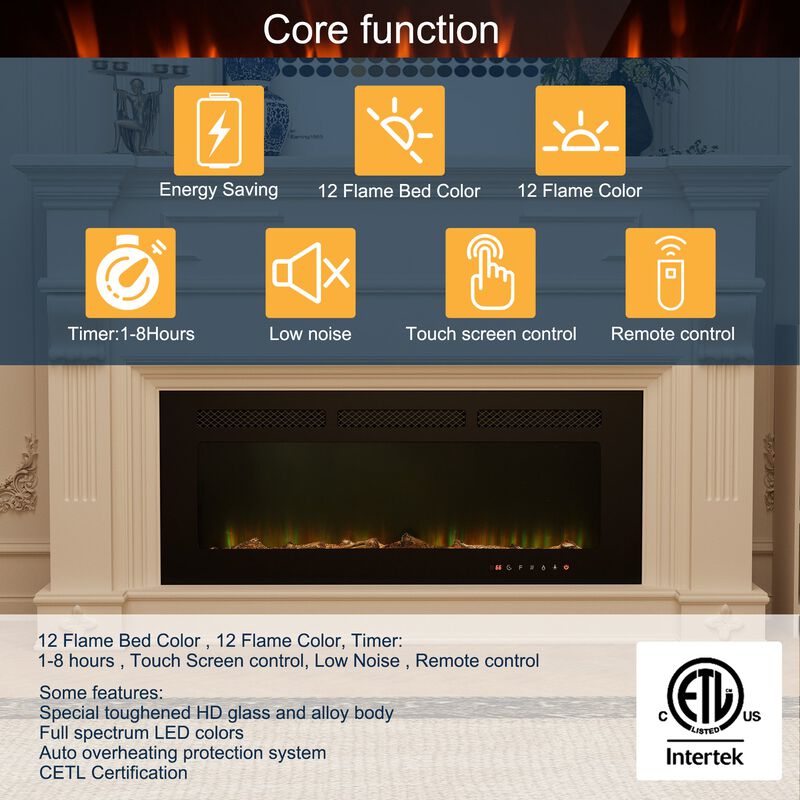 Black 42 in. Wall-Mounted Electric Fireplace with Logs & Crystals, Remote 1500/750W