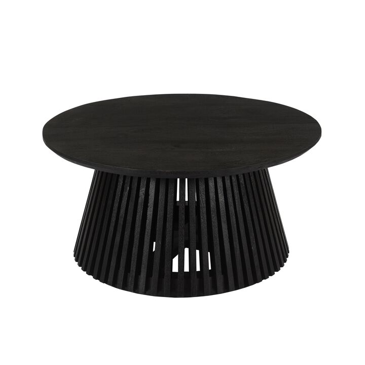 Ridge 32 Inch Handcrafted Round Coffee Table, Mango Wood, Slatted Flared Base, Black-Benzara