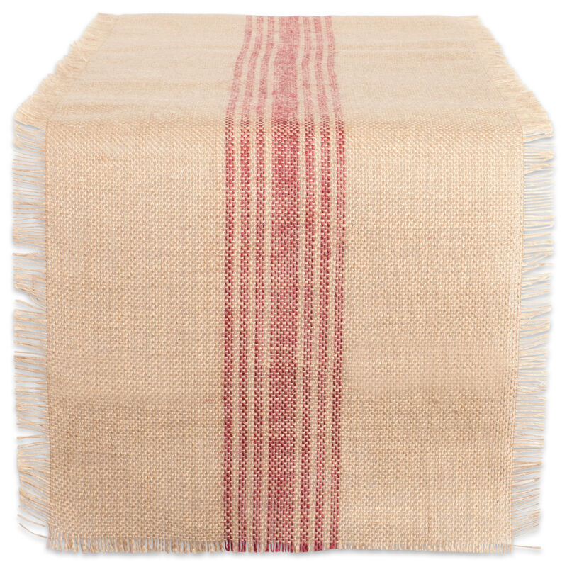 14" x 72" Brown and Barn Red Middle Stripe Border Burlap Table Runner