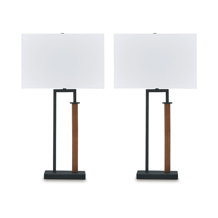 Table Lamp Set of 2, Curved Wired Bronze Base, White Fabric Shade - Benzara