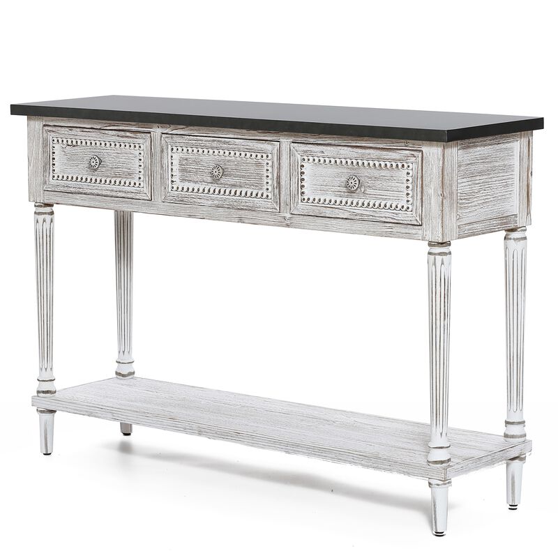 LuxenHome Distressed White Wood and Metal 3-Drawer 1-Shelf Console and Entry Table