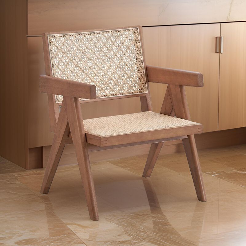 Tina 26 Inch Accent Armchair, Woven Rattan, Natural Brown Wood Finish - Benzara