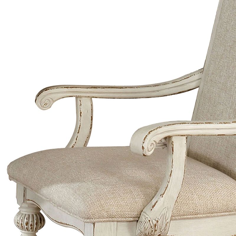 Rustic Wooden Arm Chair with Intricate Carvings, Set of 2, Antique White-Benzara