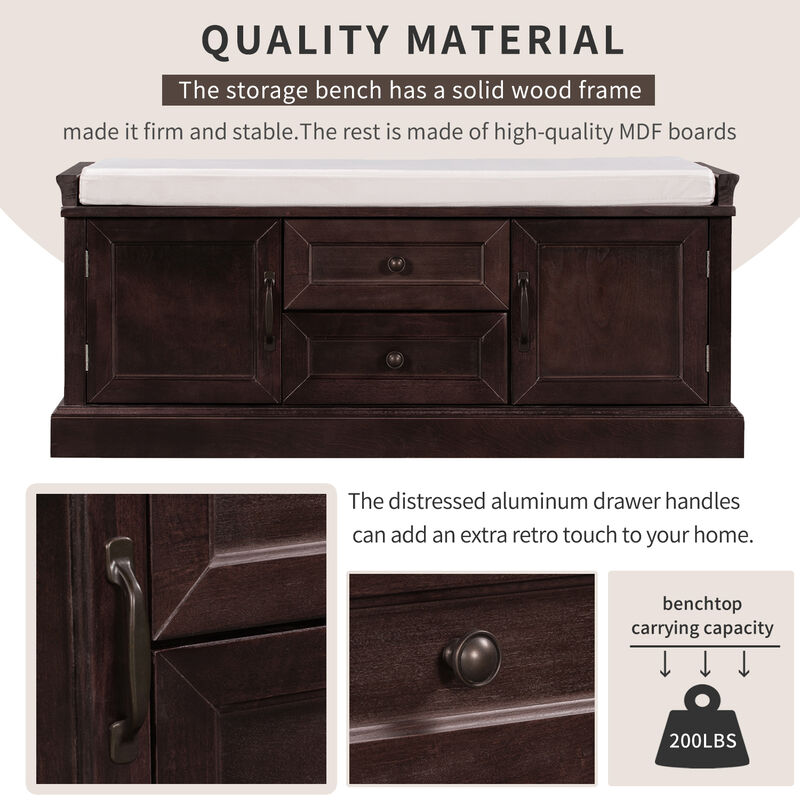 Storage Bench With 2 Drawers And 2 Cabinets, Shoe Bench With Removable Cushion For Living Room