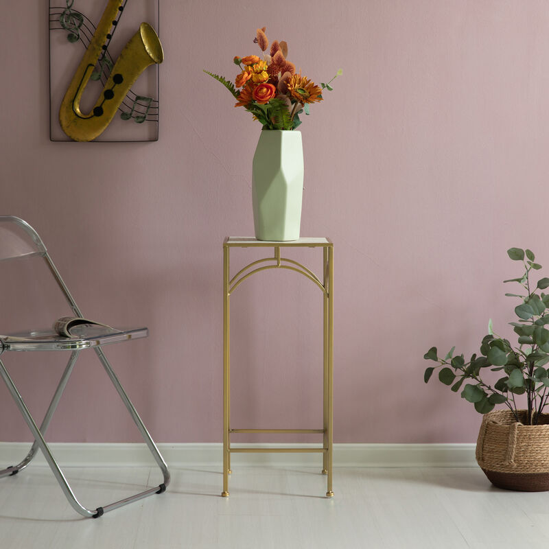 Decorative Gold Metal Square Plant Stand, Modern White Marble Look Top Display End Side Table, Set of 3