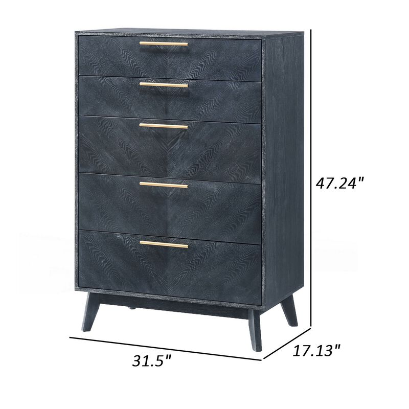 Cid Coy 47 Inch Tall Dresser Chest, 5 Drawer, Gold Metal, Ash Gray Wood - Benzara