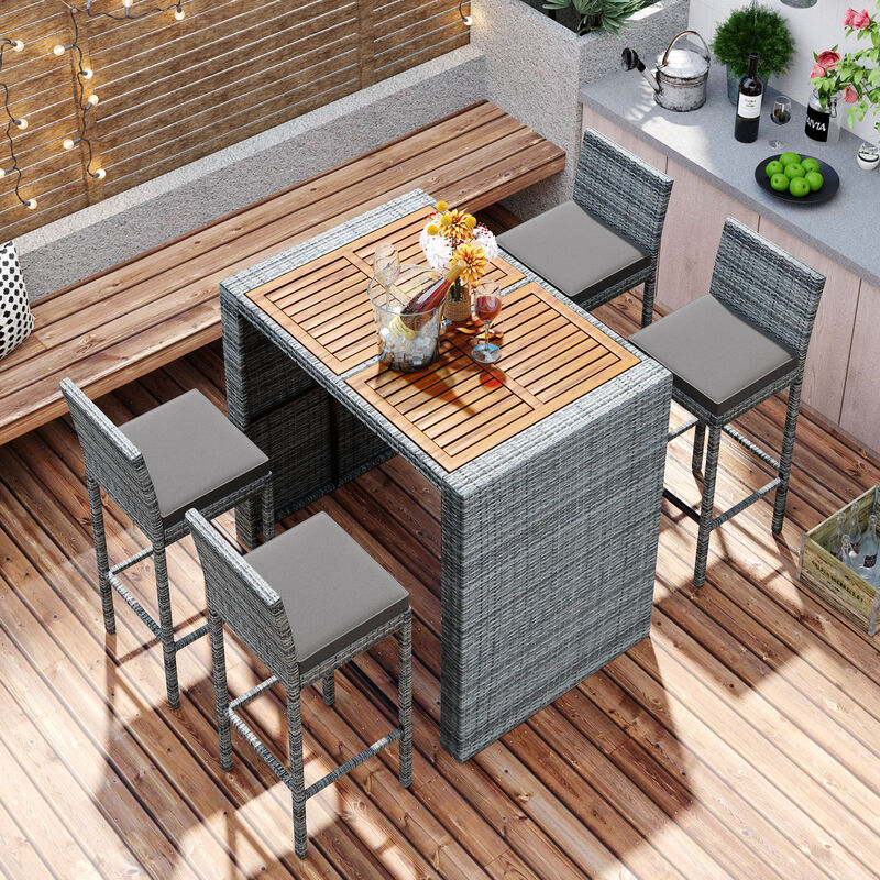 5-Pieces Outdoor Patio Wicker Bar Set, Bar Height Chairs With Non-Slip Feet And Fixed Rope