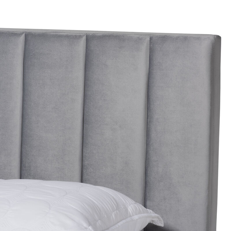 Baxton Studio Clare Velvet Upholstered Queen Size Panel Bed with Channel Tufted Headboard