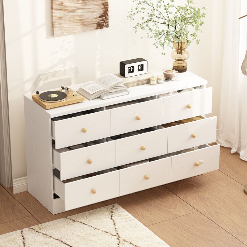 White 9 Drawer Dresser for Bedroom, 47.2“L Wooden Double Dresser, Modern Chest of Drawers Storage Organizer Dresser for Entryway Hallway