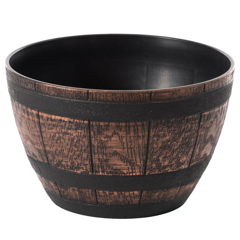 Brown Outdoor Rustic Half Barrel Flower Garden Planter Bowl, Plastic, Small