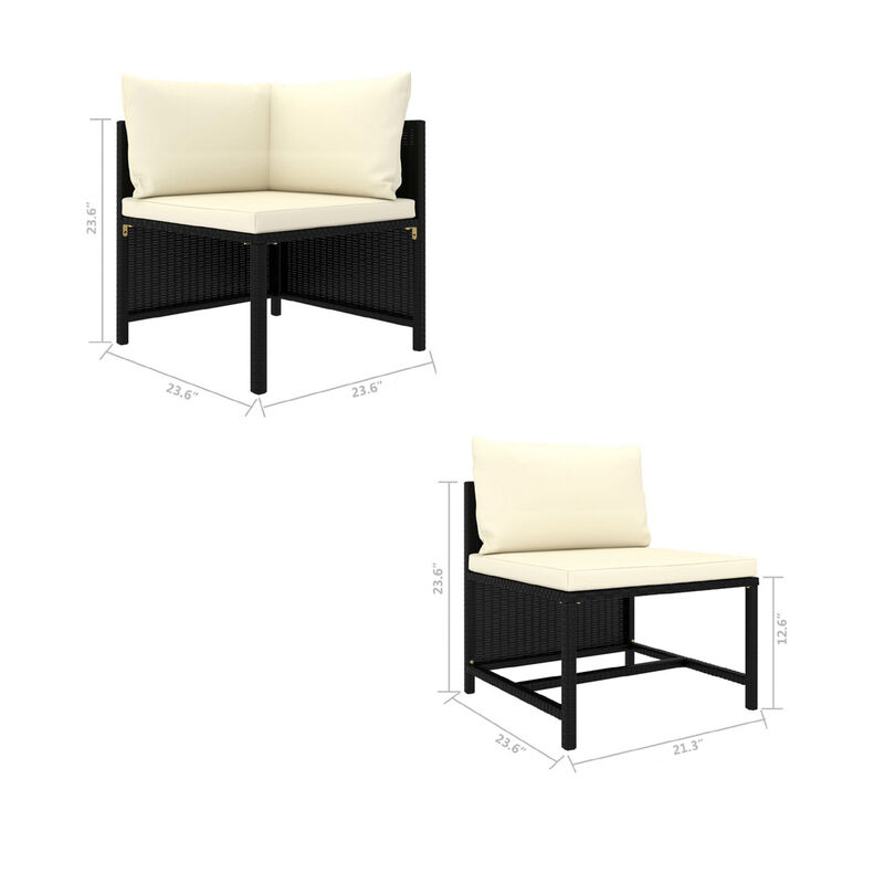 Reno Outdoor 4 Piece Modular Sofa Set, Ivory Cushions, Black Rattan - Benzara