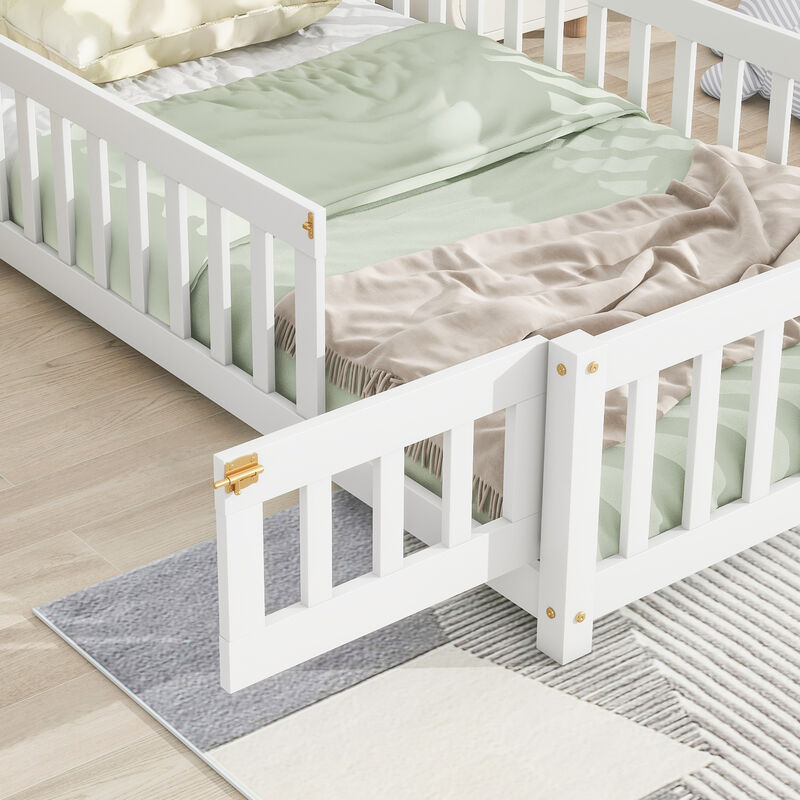 Twin House-Shaped Headboard Floor Bed with Fence, Natural