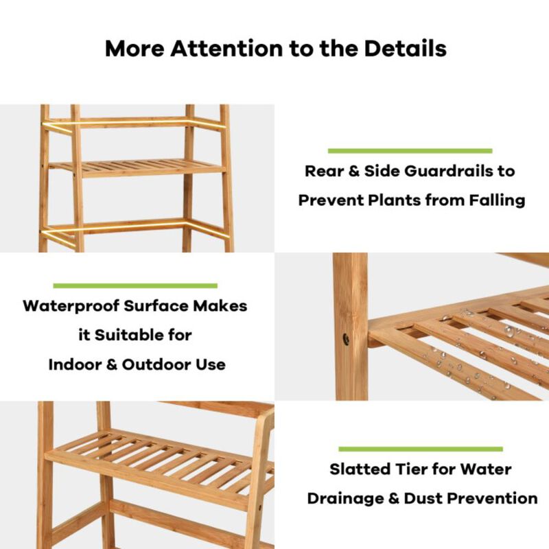 Hivvago 4-Tier Bamboo Plant Rack with Guardrails Stable and Space-Saving
