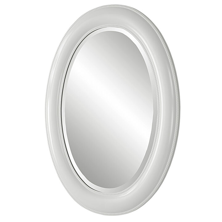 29 Inch Wood Wall Mirror, Beaded Oval Shape, White-Benzara