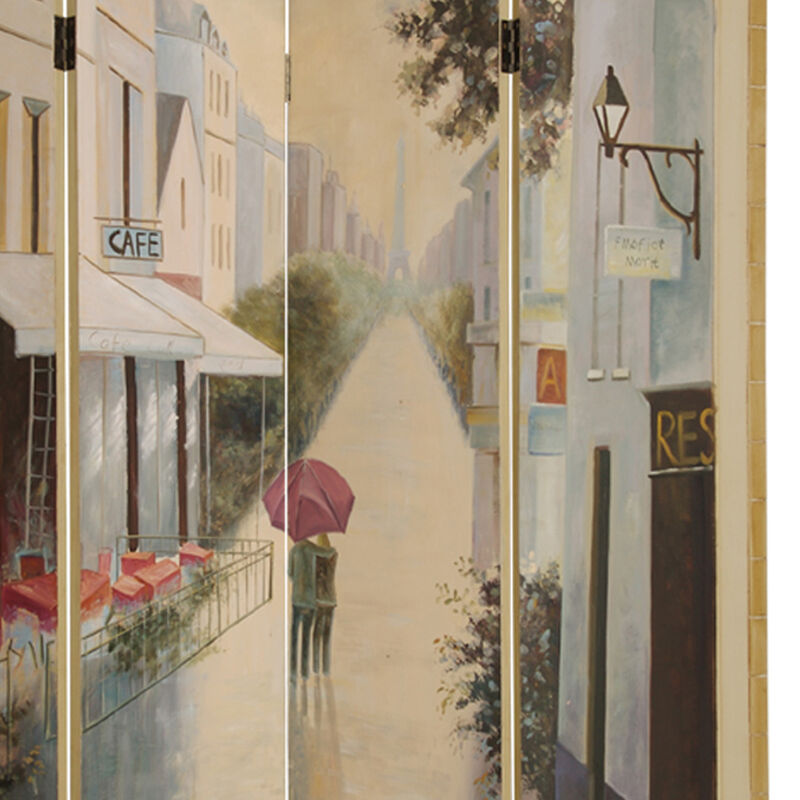 Wooden Screen with Artwork of Hand Painted Paris Promenade, Multicolor - Benzara