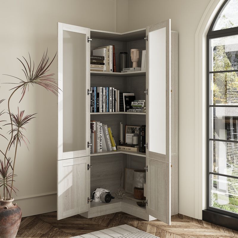 FUFU&GAGA Modern Wood Grain Corner Bookcase with Adjustable Shelves and Glass Doors (31.5" W x 70.9" H x 31.5" D), Wood Grain