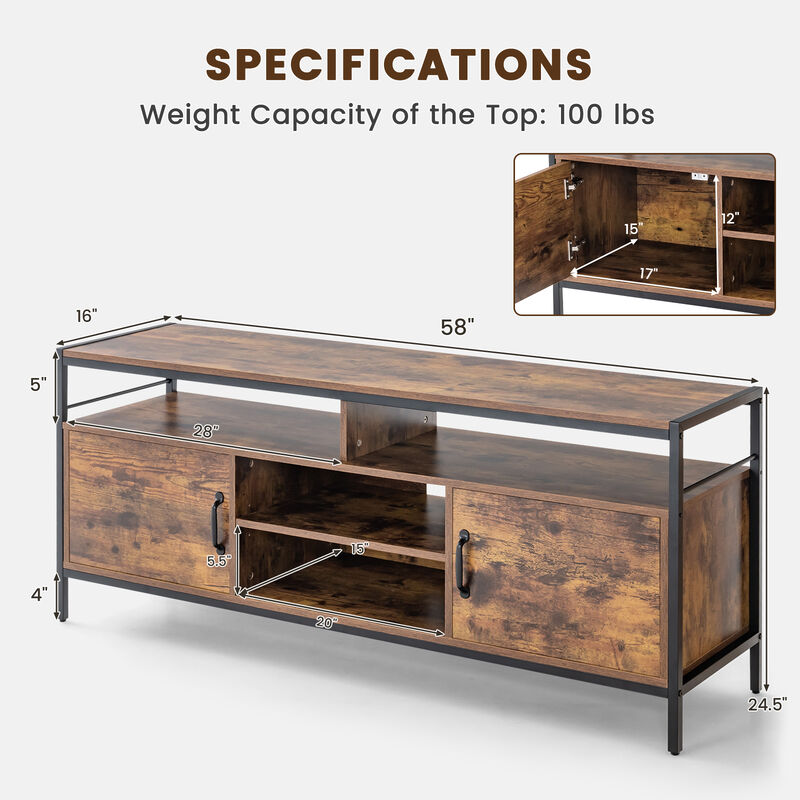 58 Inch Industrial TV Stand with Cabinets and Adjustable Shelf for TVs up to 65 Inch-Rustic Brown