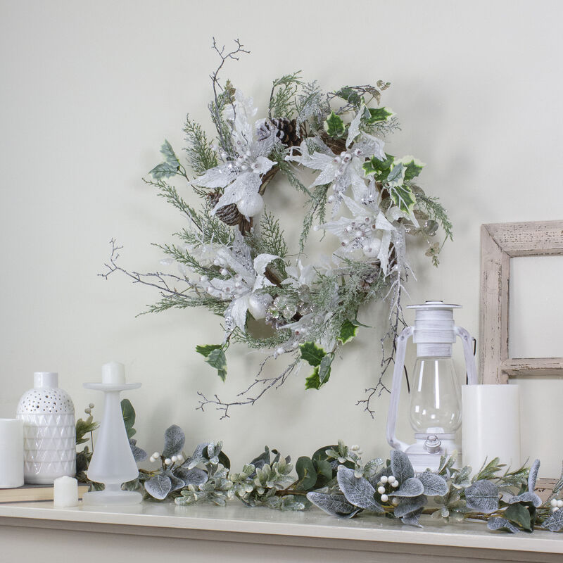 Iced White Poinsettia Artificial Christmas Wreath - 22 inch  Unlit