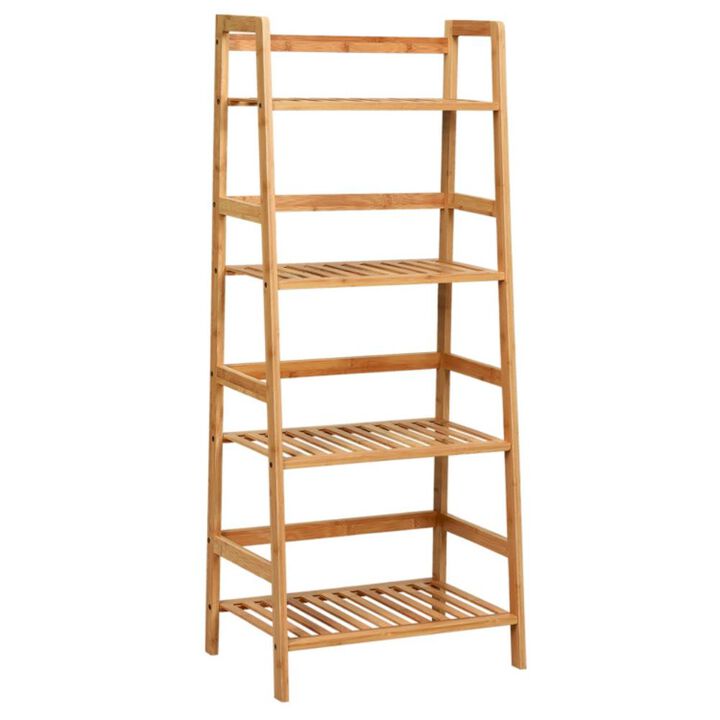 Hivvago 4-Tier Bamboo Plant Rack with Guardrails Stable and Space-Saving