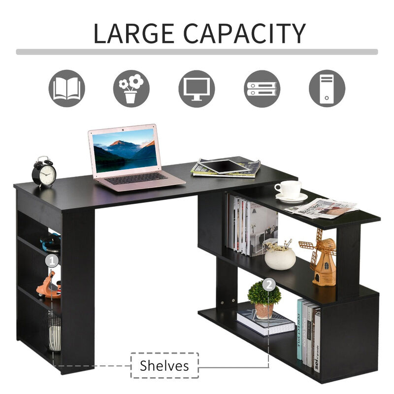 Black Home Office Solution: 360° Rotating L-Shaped Desk with Storage