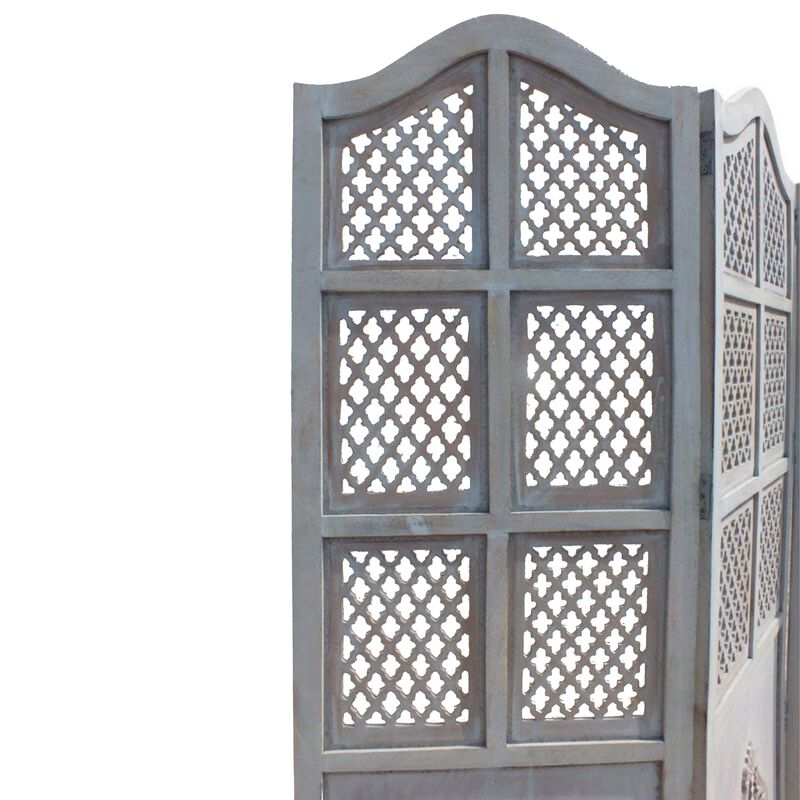 Three Panel Wooden Room Divider with Traditional Carvings and Cutouts, Blue-Benzara