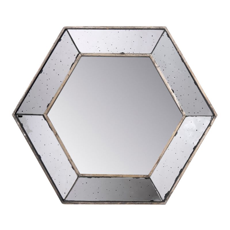 Filo 21 Inch Wall Accent Mirror, Raised Tray Edges, Hexagonal Mirror Frame-Benzara