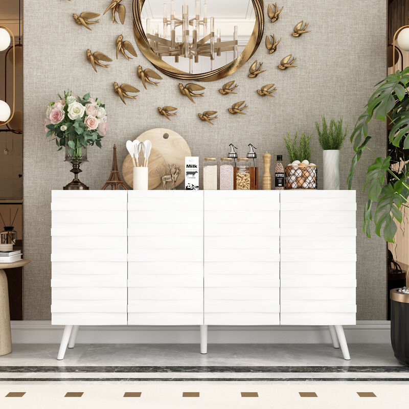 FUFU&GAGA Modern Storage Cabinet with White Embossed Design and Solid Wood Legs, Stylish Organizer for Living Room or Bedroom (55.1"W x 31.4"H x 15.7"D),White