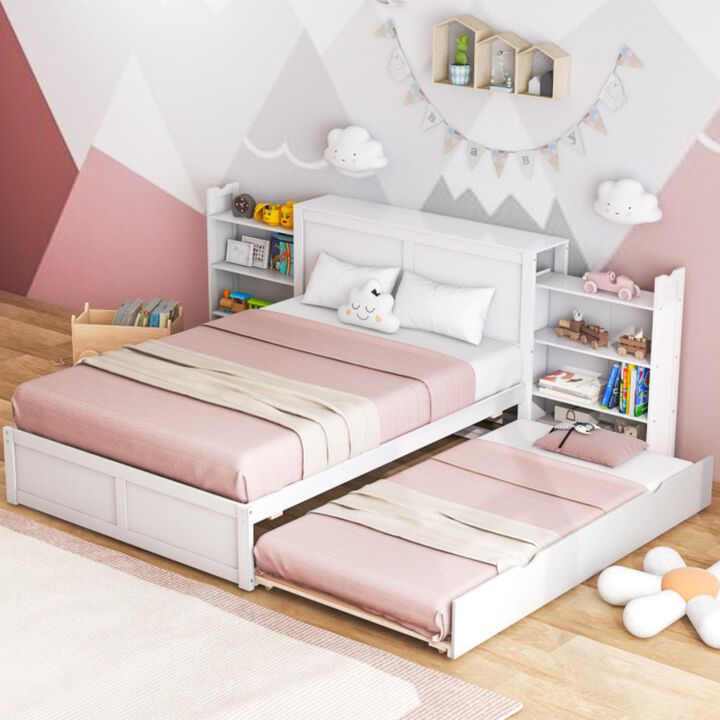Hivvago Kids Wooden Platform Bed with Trundle Storage Headboard