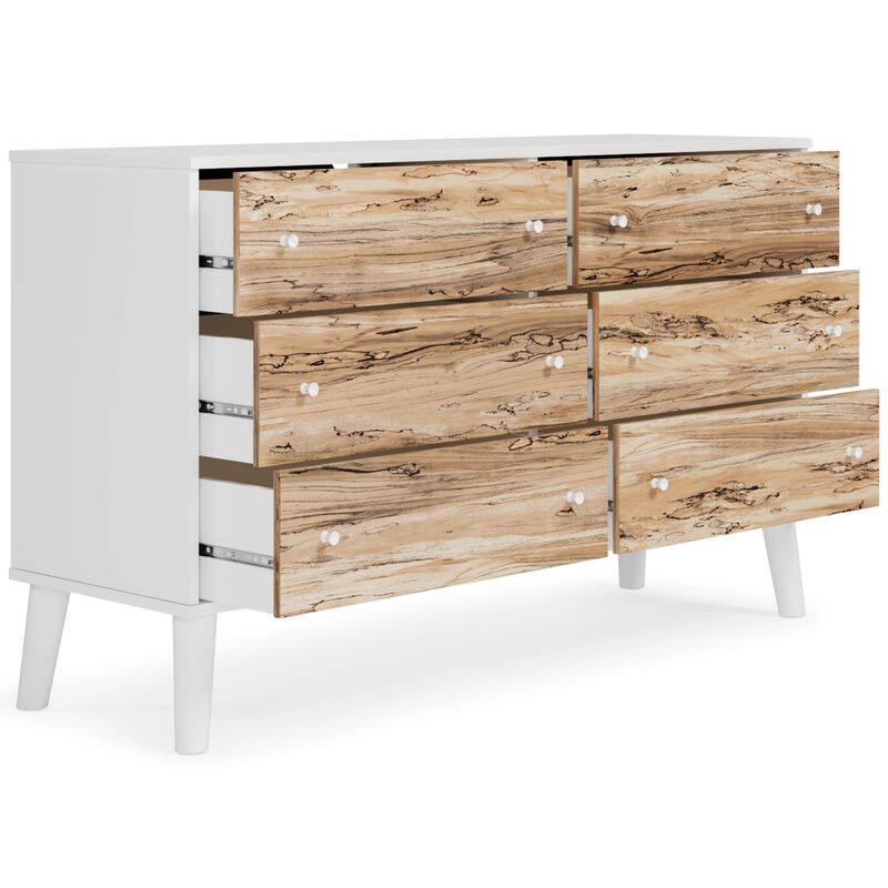 Asher 59 Inch Contemporary Dresser, 6 Drawers, White and Natural Brown-Benzara