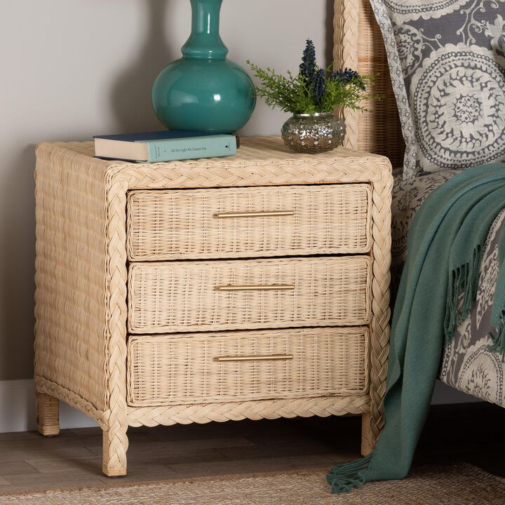 bali & pari Lanica Japandi Sun Bleached Rattan 3 Drawer Nightstand