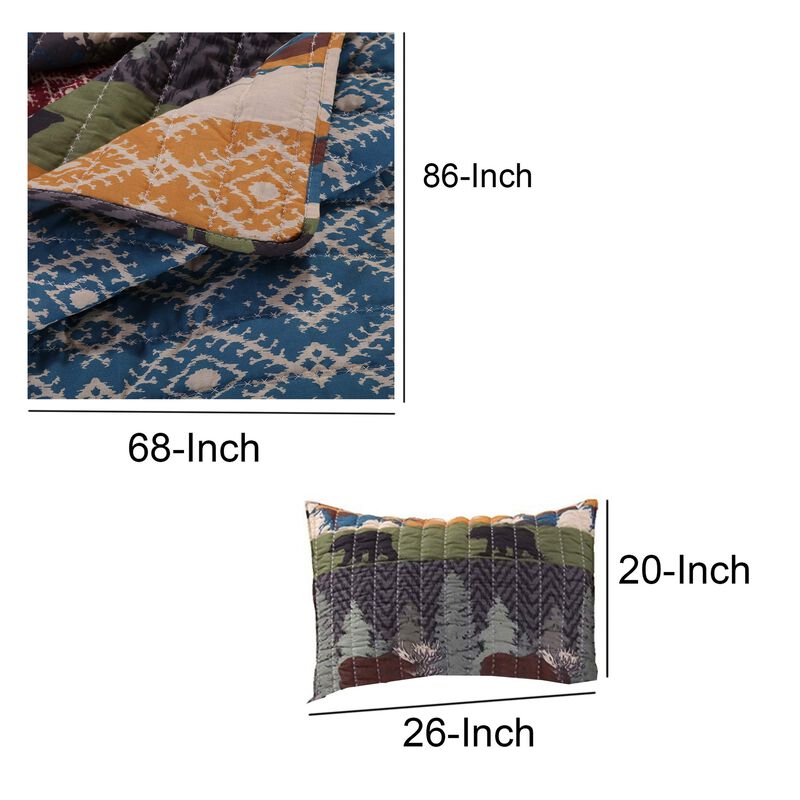 2 Piece Twin Size Quilt Set with Nature Inspired Print, Multicolor - Benzara