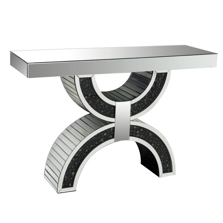 Wood and Mirror  Console Table with Geometric Style Base, Clear and Black-Benzara