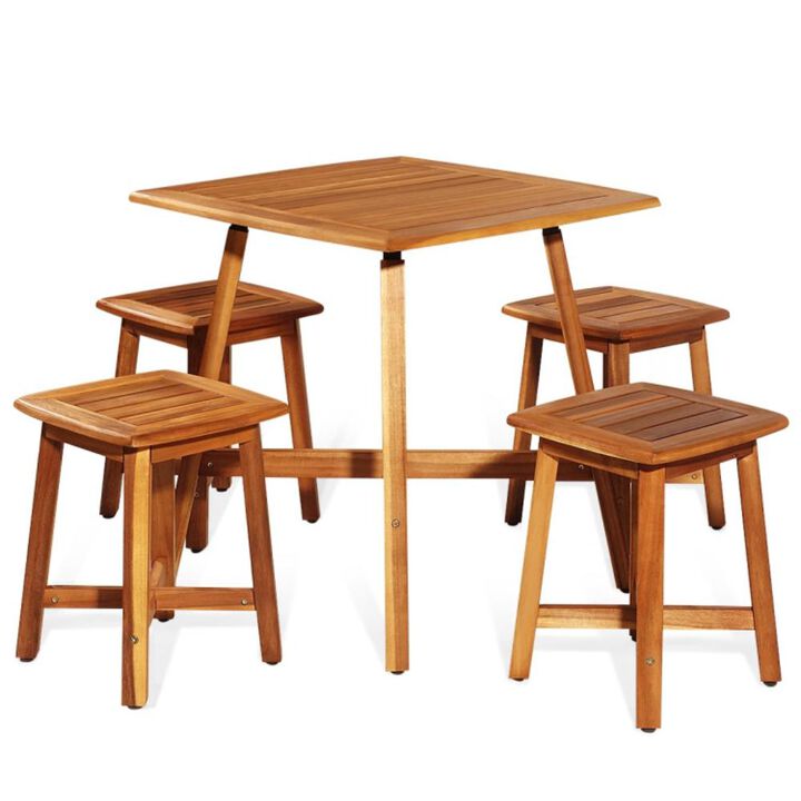 Hivvago 5 Pieces Wood Patio Dining Set with Square Table and 4 Stools