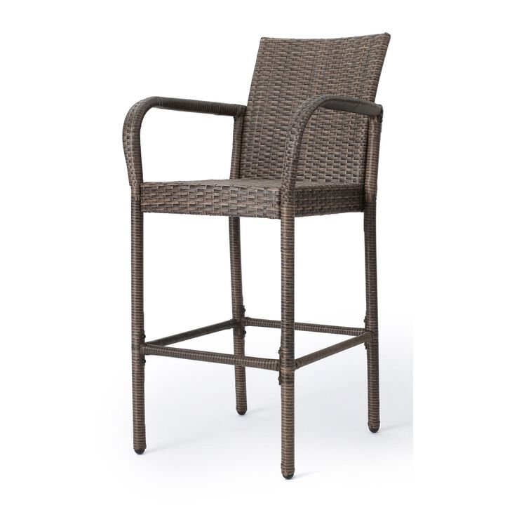 Drip Outdoor Barstool Chair Set of 2, Brown PE Rattan Woven and Iron - Benzara