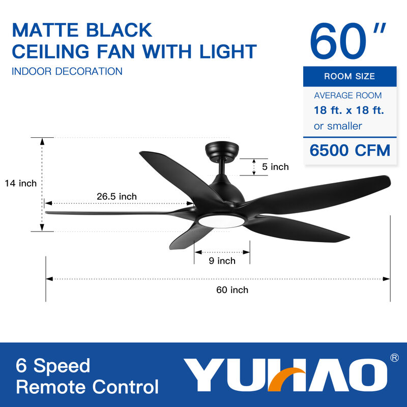 60 In Integrated LED Ceiling Fan Lighting With Black Abs Blade